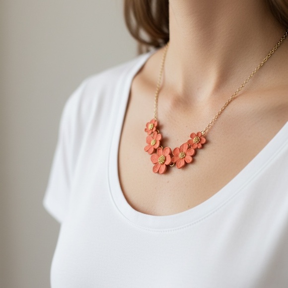 NEW Coral Flower Statement Necklace Gold Tone Floral Theme for Spring Summer - Picture 4 of 4